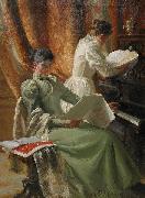 Emil Lindgren Interior med musicerande kvinnor vid pianot oil painting